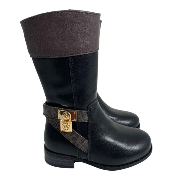 Michael Kors Black & Brown Mid-Calf Boots Gold Detail Side Zipper Girls SZ 5 NEW - Picture 5 of 8